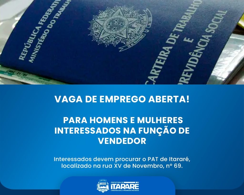 PAT de Itararé divulga vaga de emprego para vendedor(a)